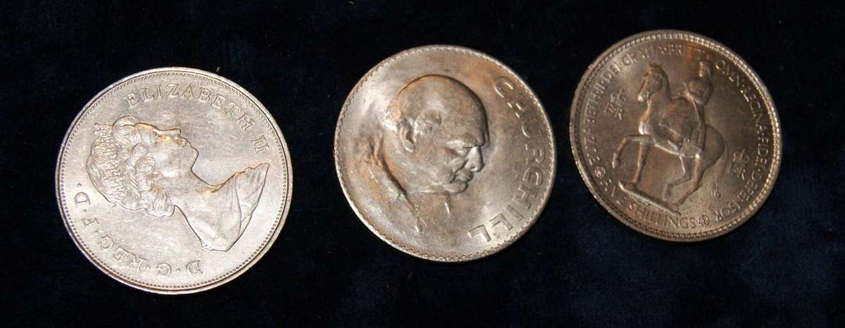 3x Commemorative British Crowns (1953, 1965, 1980)