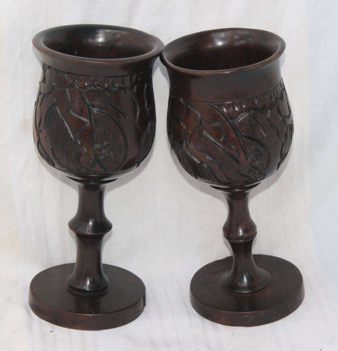 Pair of Hand Carved Wooden Goblets