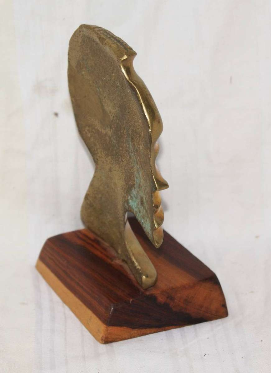 African Hand Made Brass Bust on Wooden Plinth