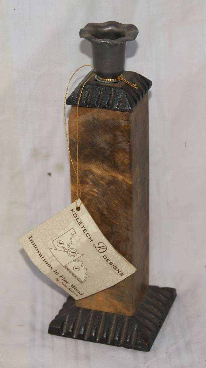 Koletech Designs Handmade Maple Burl and Steel Candle Holder Signed
