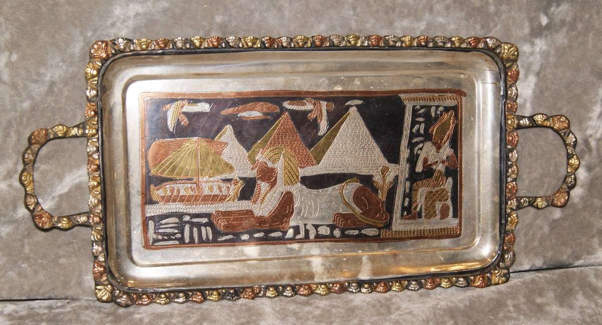Hand Etched Trimetal Decorative Egyptian Tray (Sphinx and Pyramids)