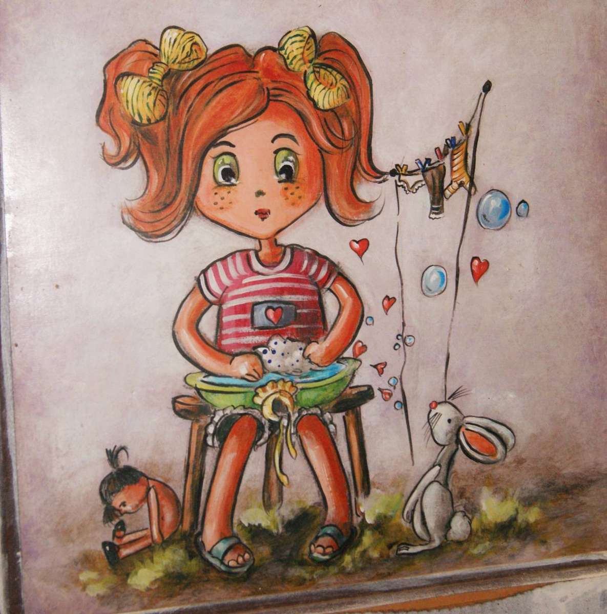 Framed Artwork of Girl with Toys