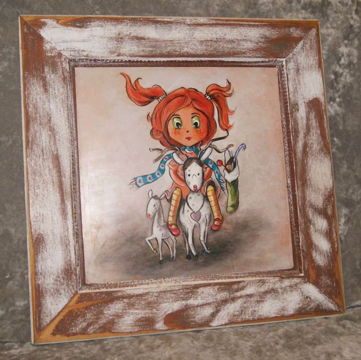Framed Artwork of Girl Riding Toy Horse