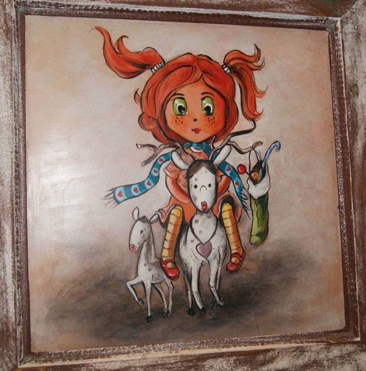 Framed Artwork of Girl Riding Toy Horse