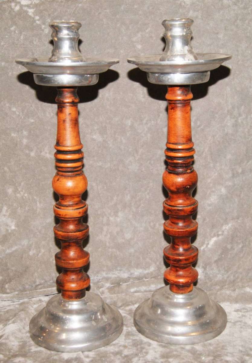 Vintage Pair of Metal and Wood Candlesticks