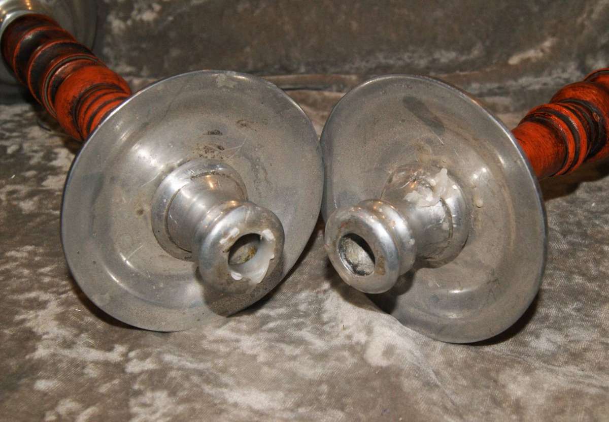 Vintage Pair of Metal and Wood Candlesticks