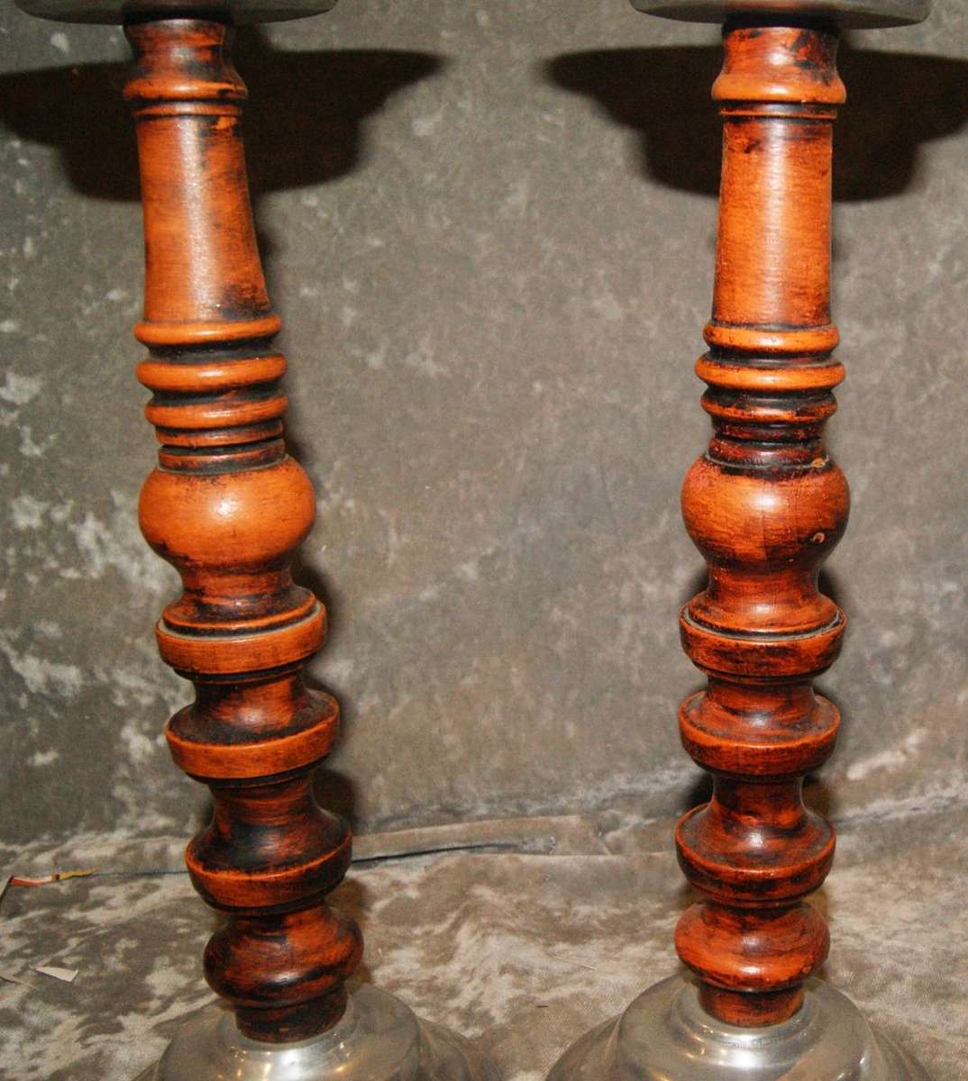Vintage Pair of Metal and Wood Candlesticks
