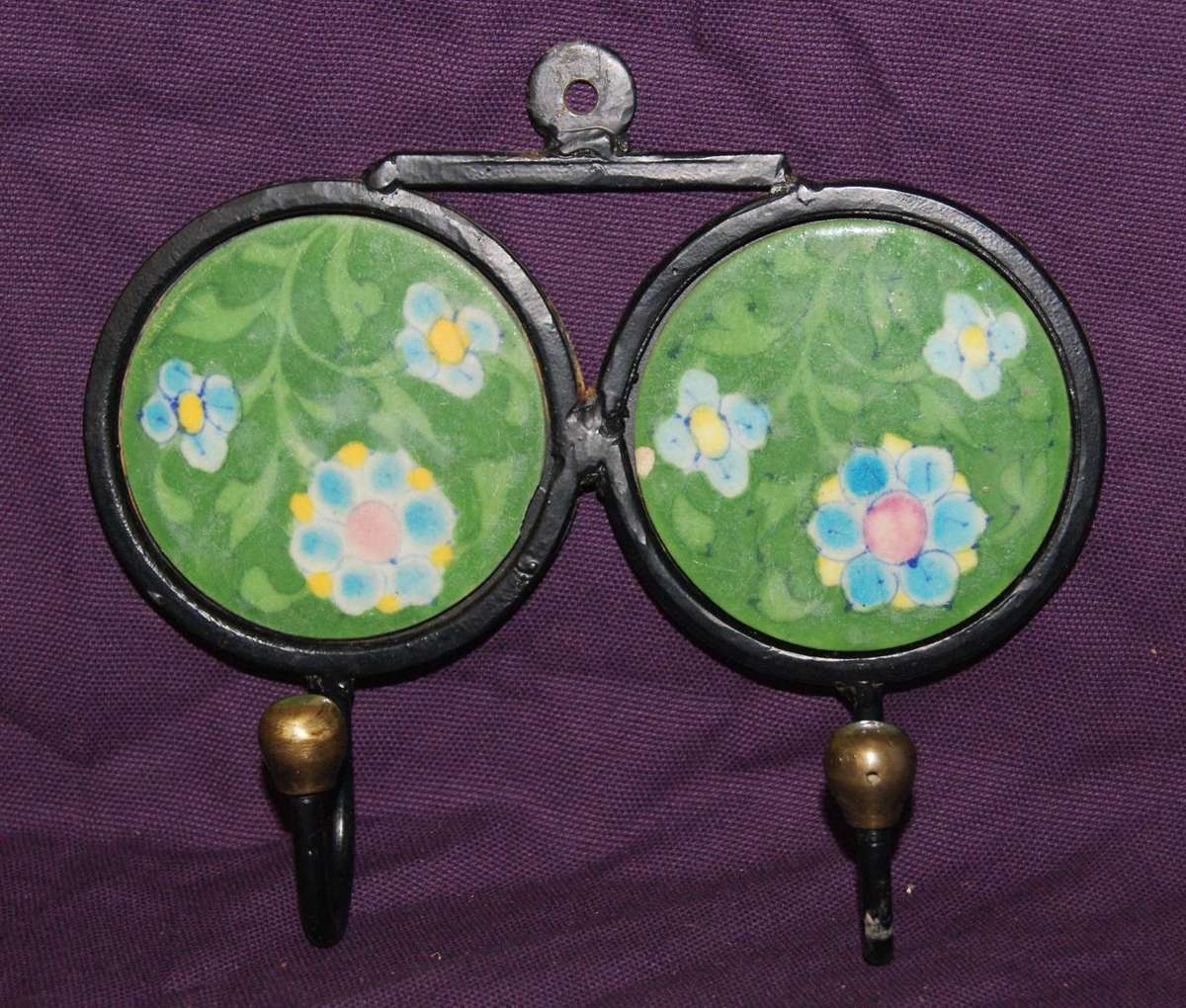 Vintage Wrought Iron Brass and Porcelain Wall Hanging Coat Hook