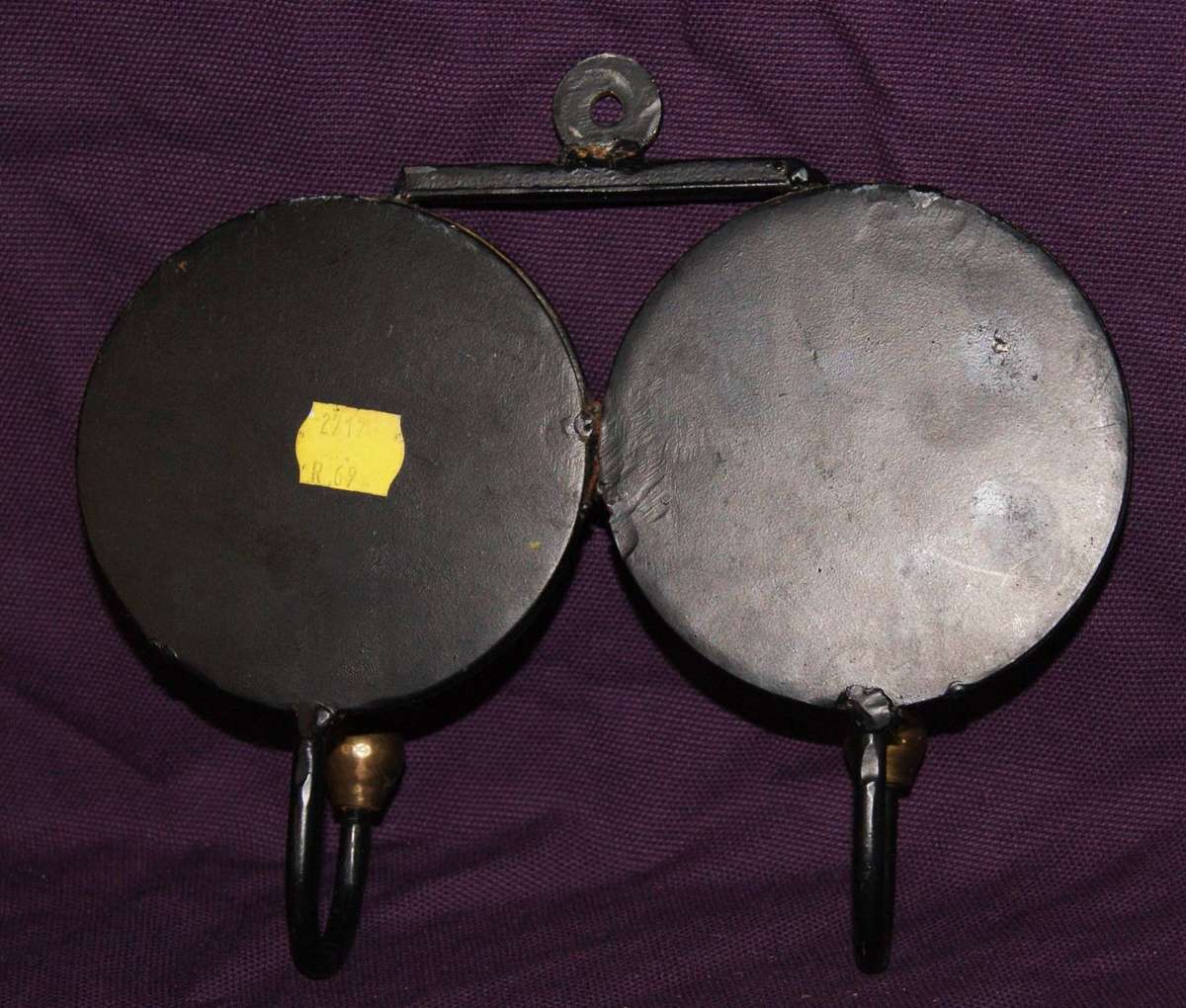 Vintage Wrought Iron Brass and Porcelain Wall Hanging Coat Hook