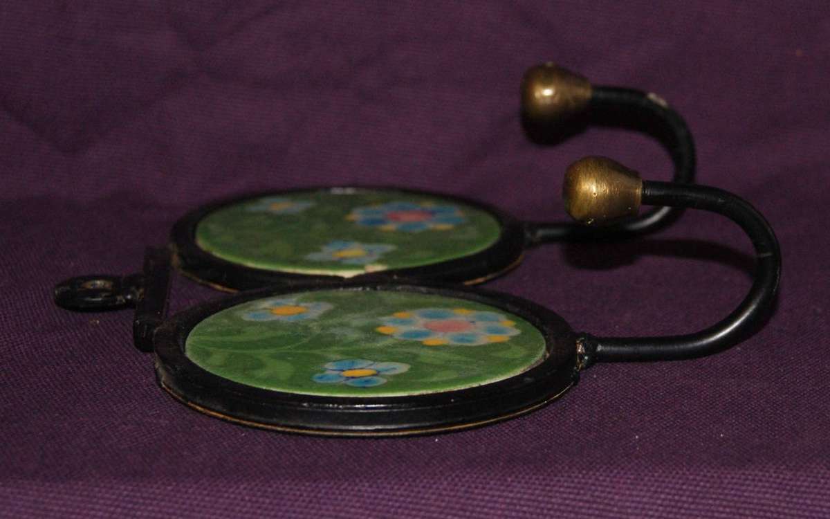 Vintage Wrought Iron Brass and Porcelain Wall Hanging Coat Hook