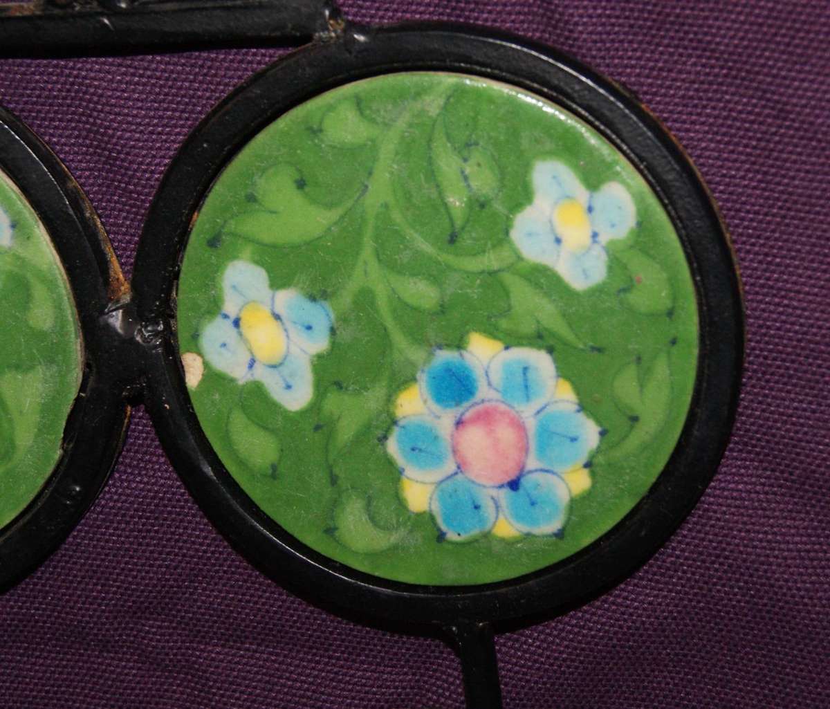 Vintage Wrought Iron Brass and Porcelain Wall Hanging Coat Hook