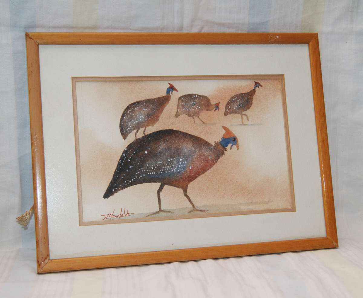 Original Signed J Manefeldt Watercolour 4 "Helmeted Guinea Fowl"