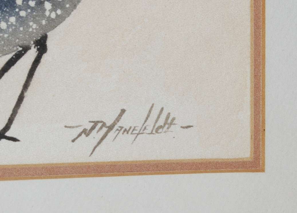 Original Signed J Manefeldt Watercolour 3 "Helmeted Guinea Fowl"