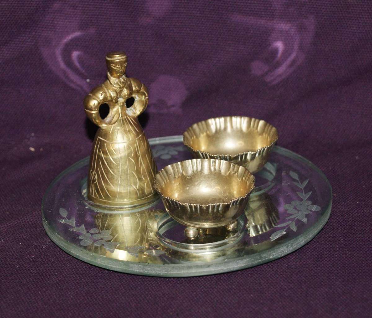 Mirror and Brass Table Condiment Set with Bell