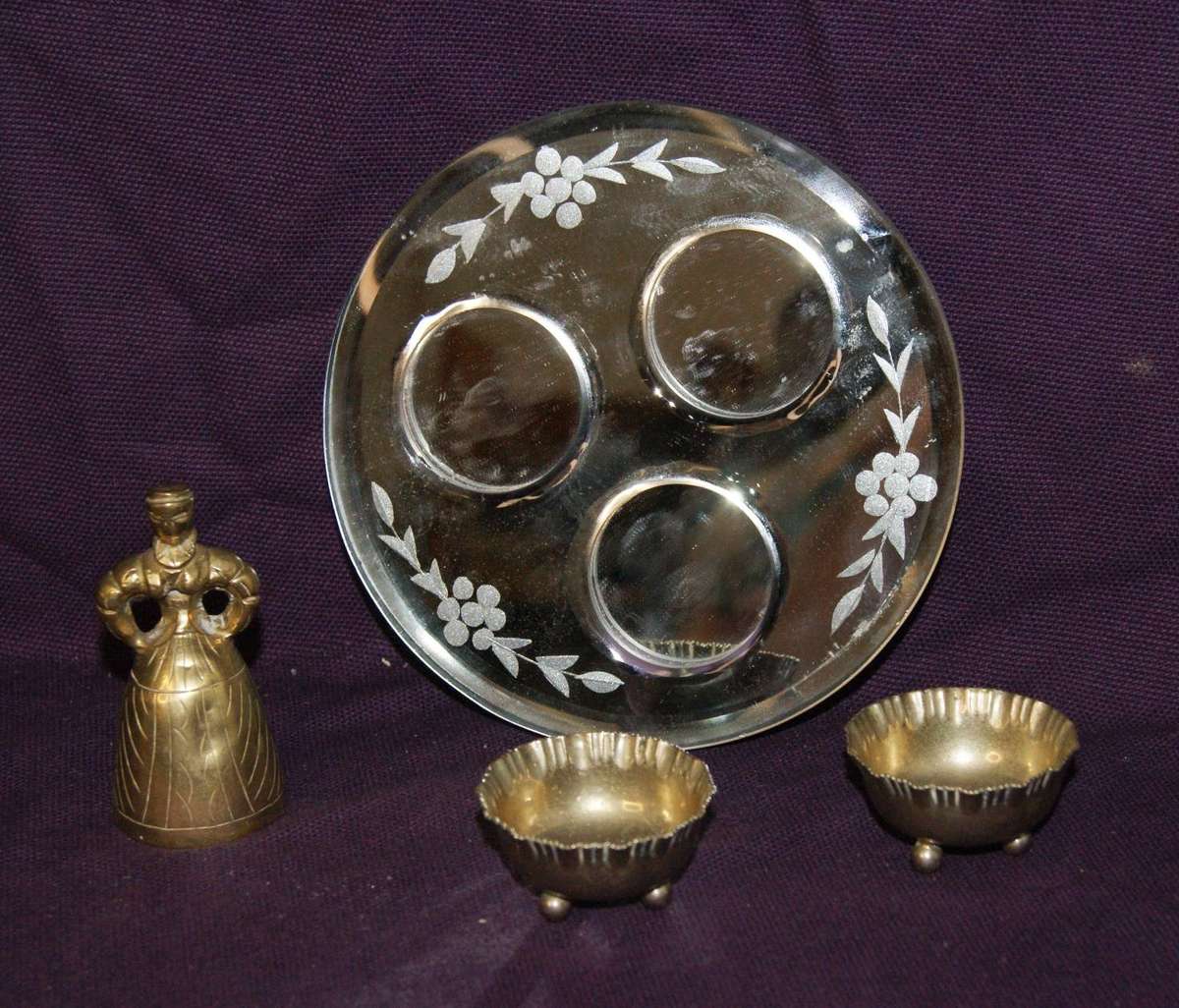 Mirror and Brass Table Condiment Set with Bell