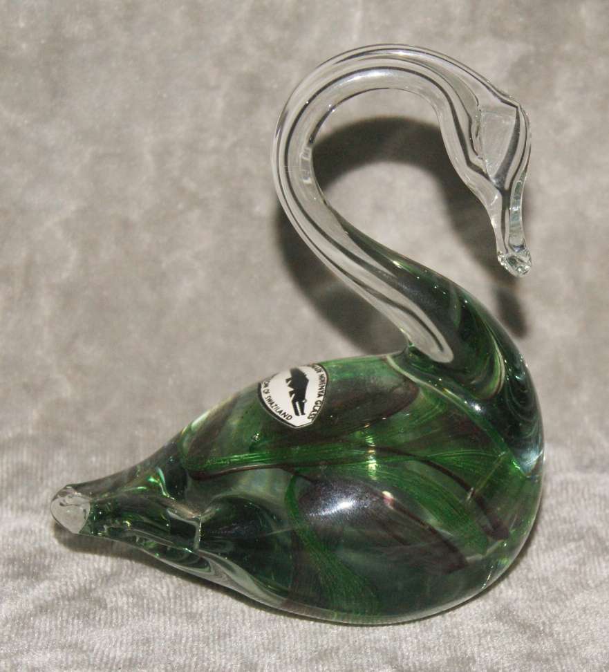 Stunning Ngwenya Glass Swan with Green and Purple Spiral