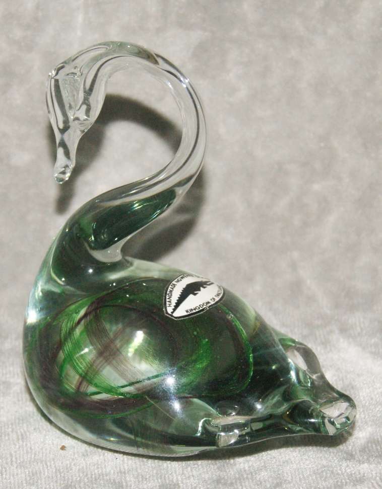 Stunning Ngwenya Glass Swan with Green and Purple Spiral