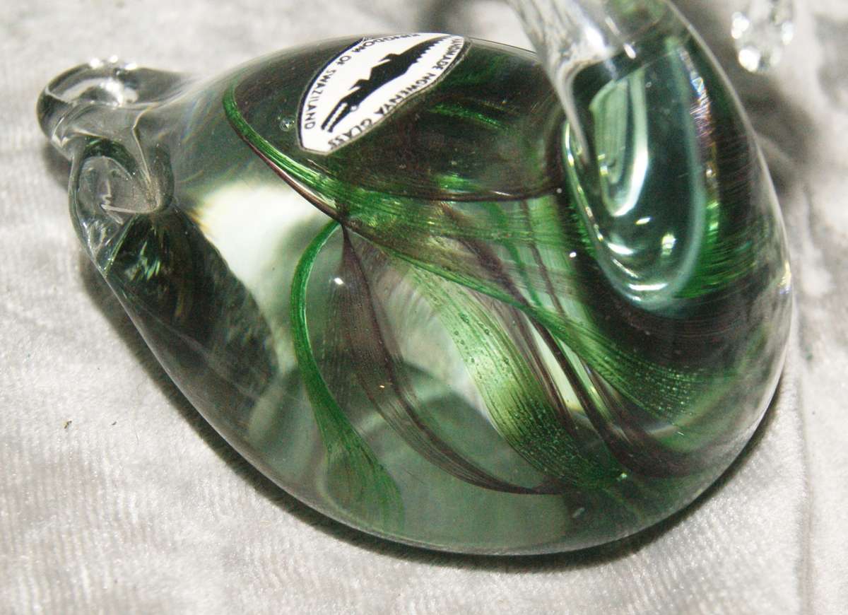 Stunning Ngwenya Glass Swan with Green and Purple Spiral