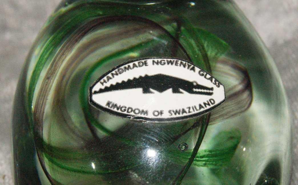 Stunning Ngwenya Glass Swan with Green and Purple Spiral