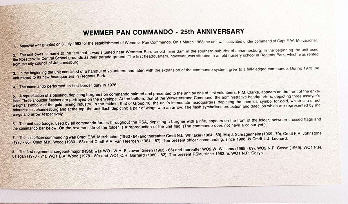 SADF FDC WEMMER PAN COMMANDO 1963-1988 #13 SIGNED