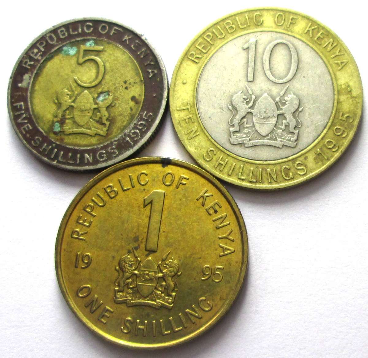 1995 Kenya 1 Shilling 5 Shillings 10 Shillings