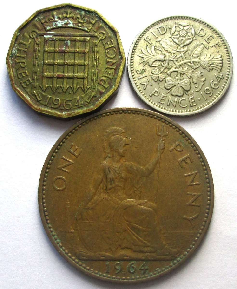 1964 Great Britain 3 Pence 6 Pence 1 Penny