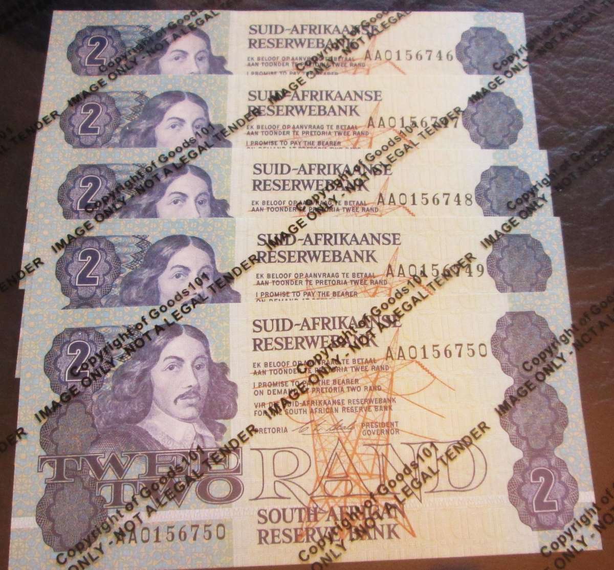 Two Rand Republic of South Africa Serial Nr AA0156746 to AA0156750