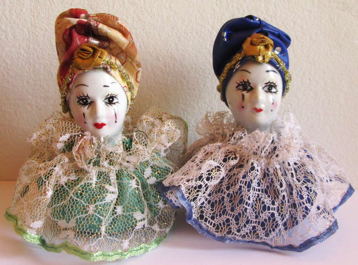 Harlequin Porcelain Head Pin Cushion Dolls