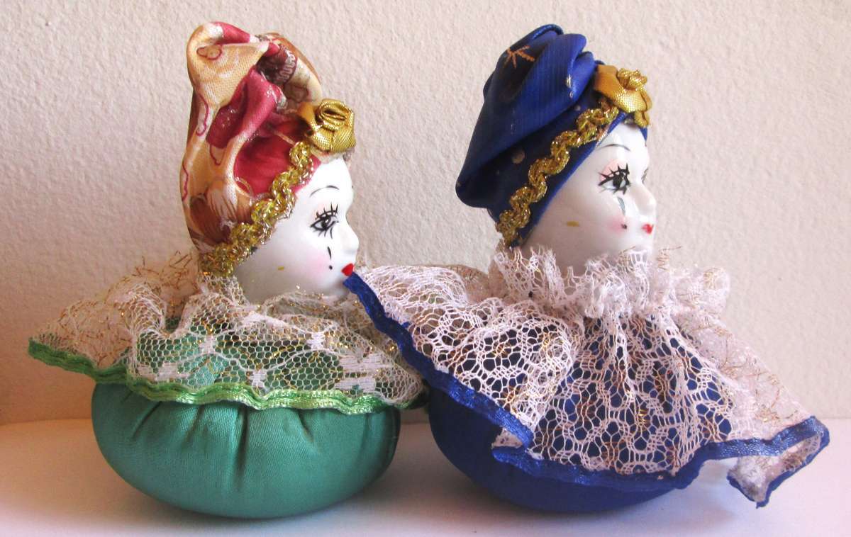 Harlequin Porcelain Head Pin Cushion Dolls