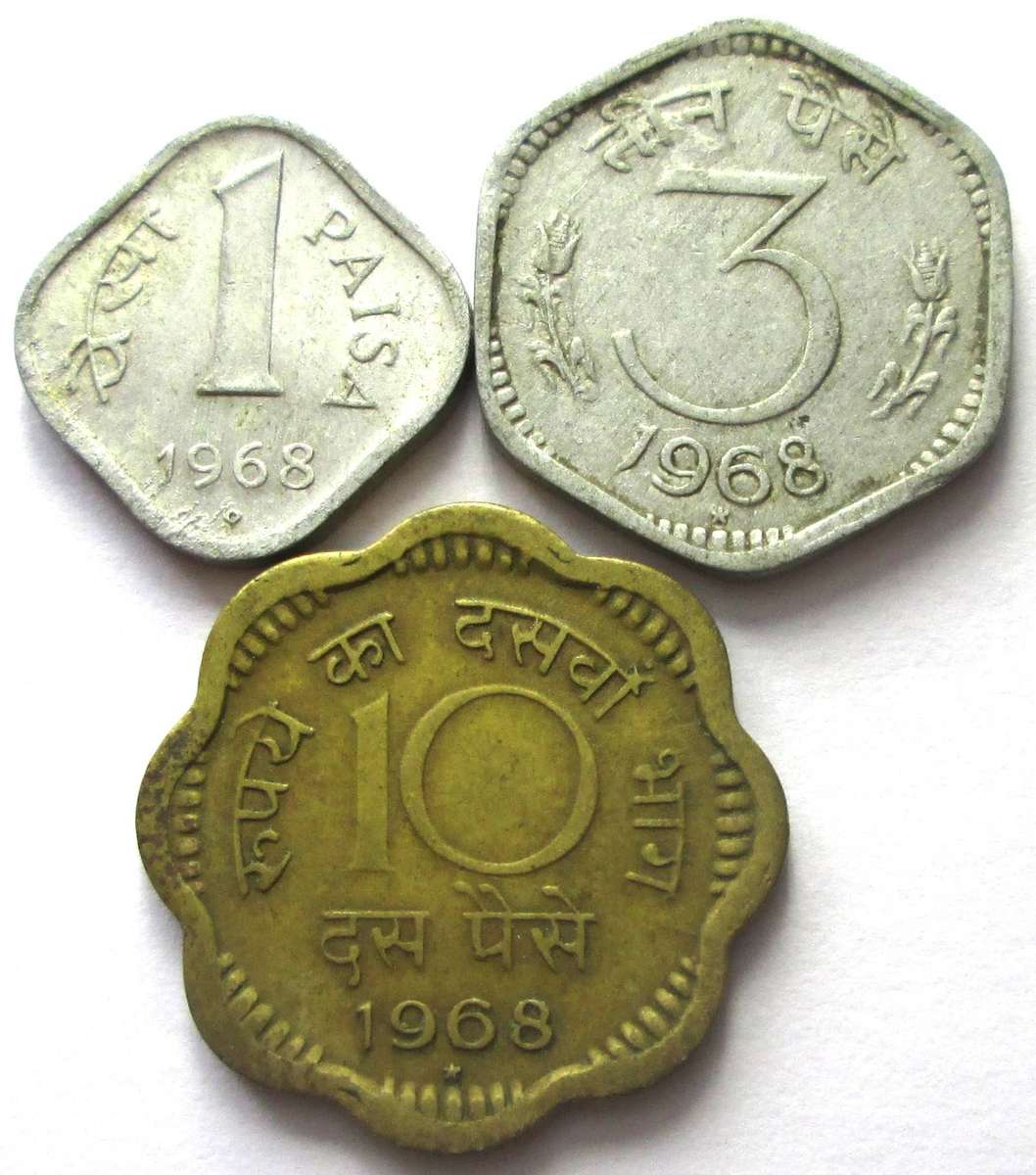 1968 India 1 Paisa 3 Paise 10 Paise