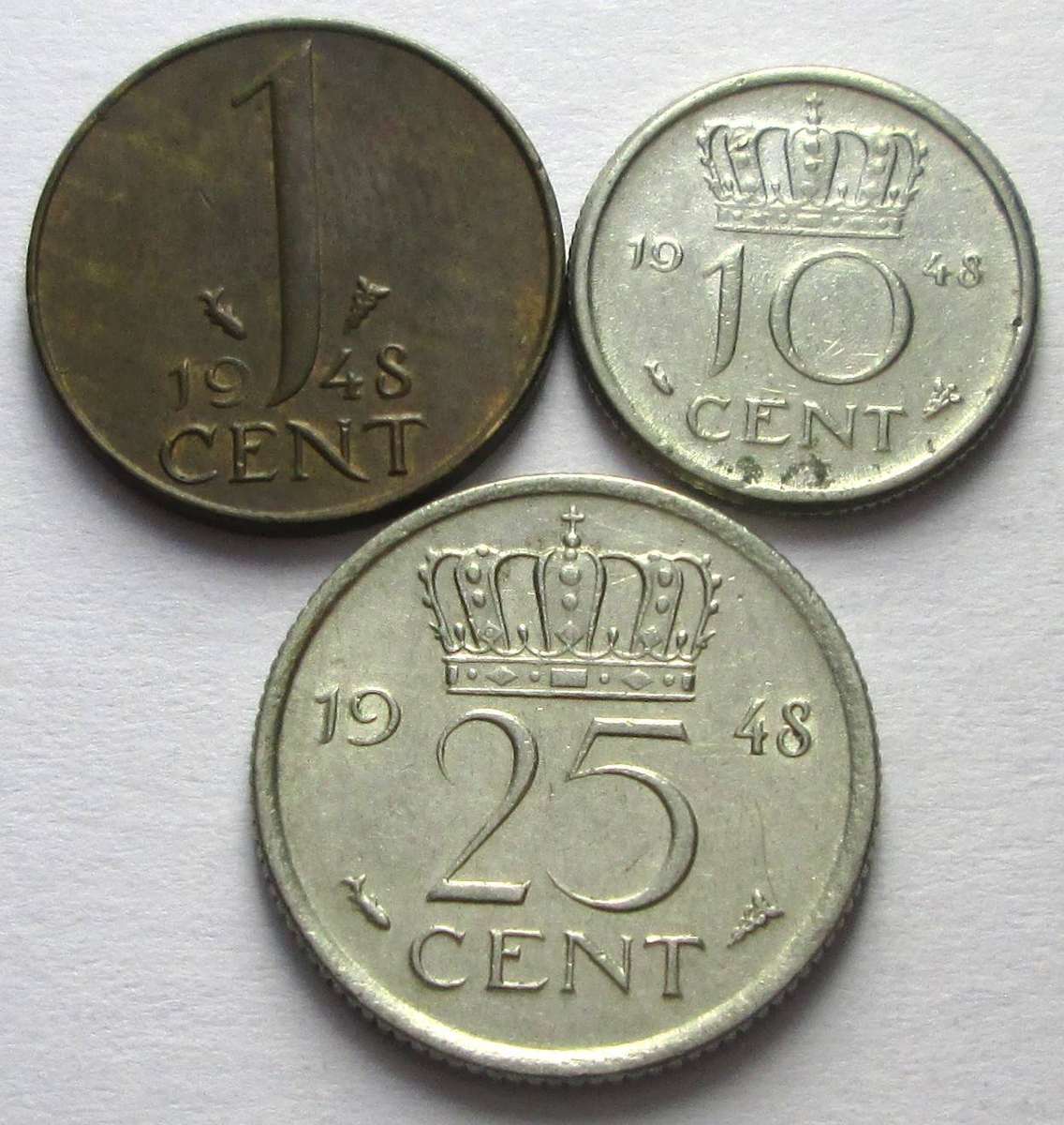 1948 Netherlands 1 Cent 10 Cents 25 Cents