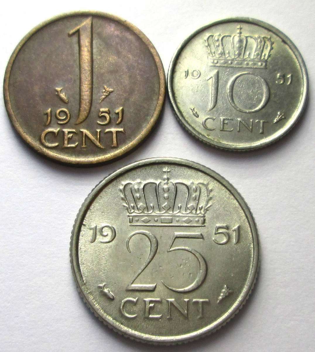 1951 Netherlands 1 Cent 10 Cents 25 Cents