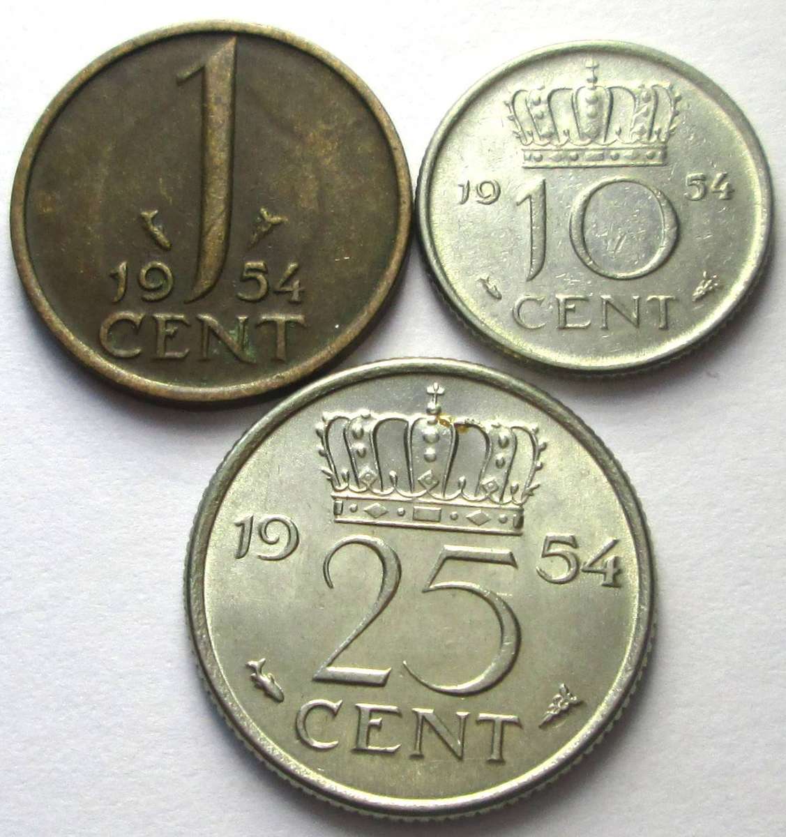 1954 Netherlands 1 Cent 10 Cents 25 Cents