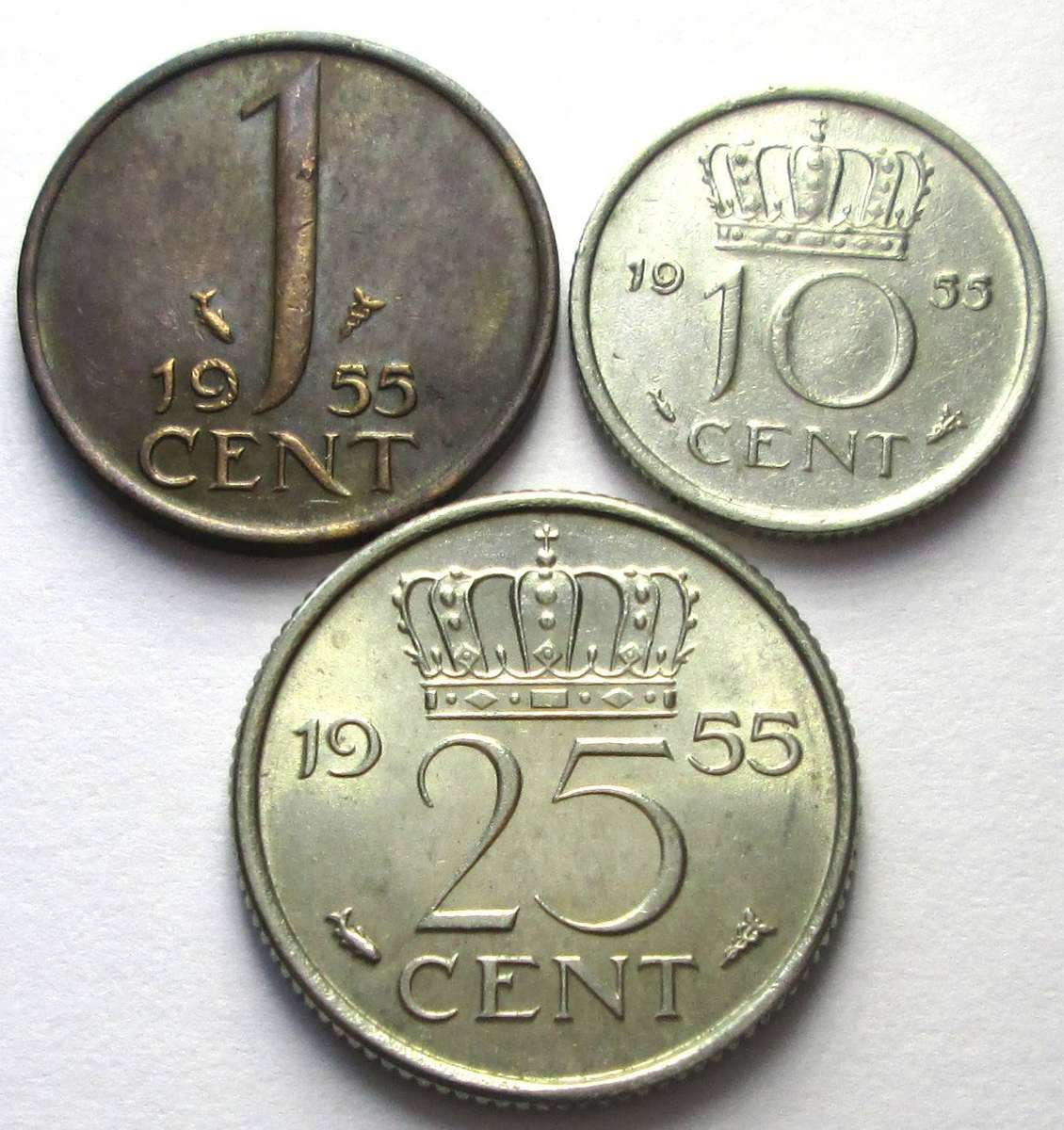 1955 Netherlands 1 Cent 10 Cents 25 Cents
