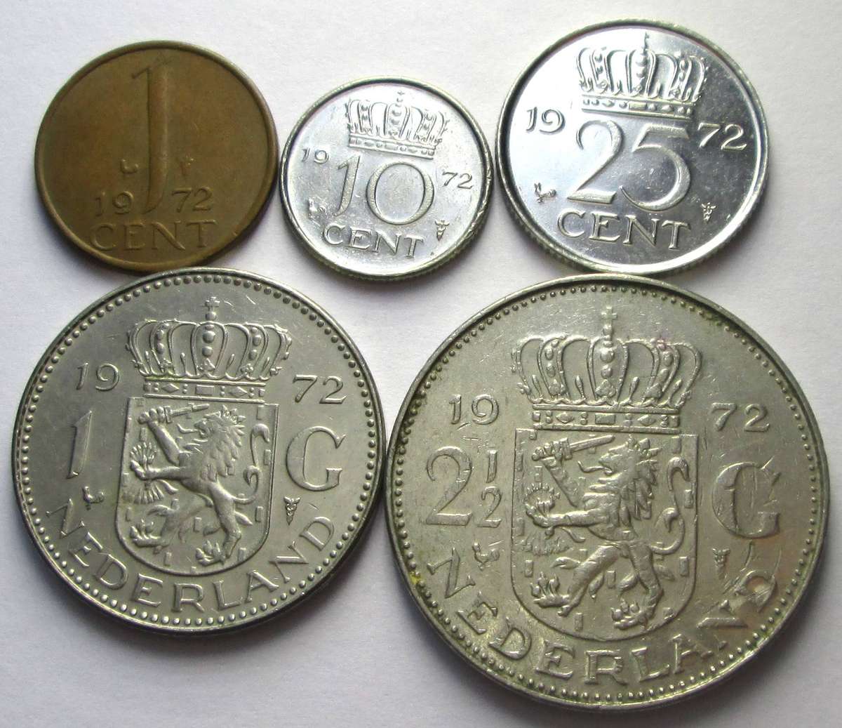 1972 Netherlands 1 Cent 10 Cents 25 Cents 1 Gulden 2 Half Gulden