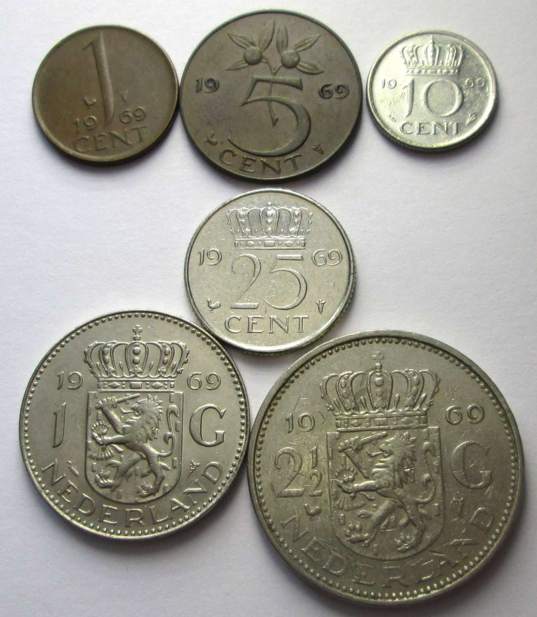 1969 Netherlands 1 Cent 5 Cents 10 Cents 25 Cents 1 Gulden 2 Half Gulden