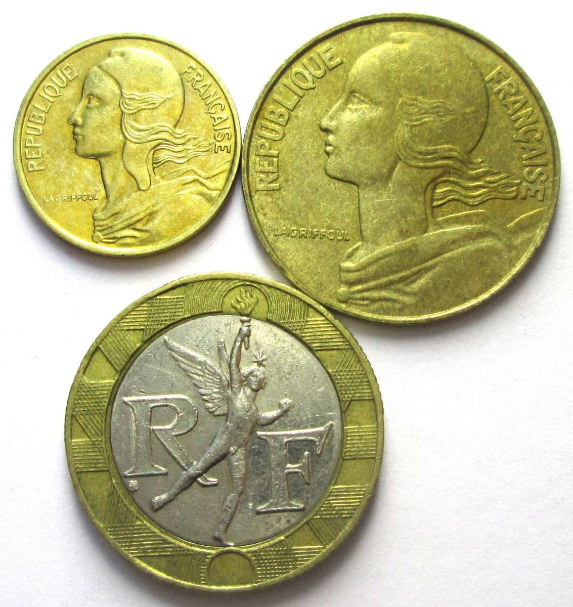 1990 France 5 Centimes 20 Centimes 10 Francs