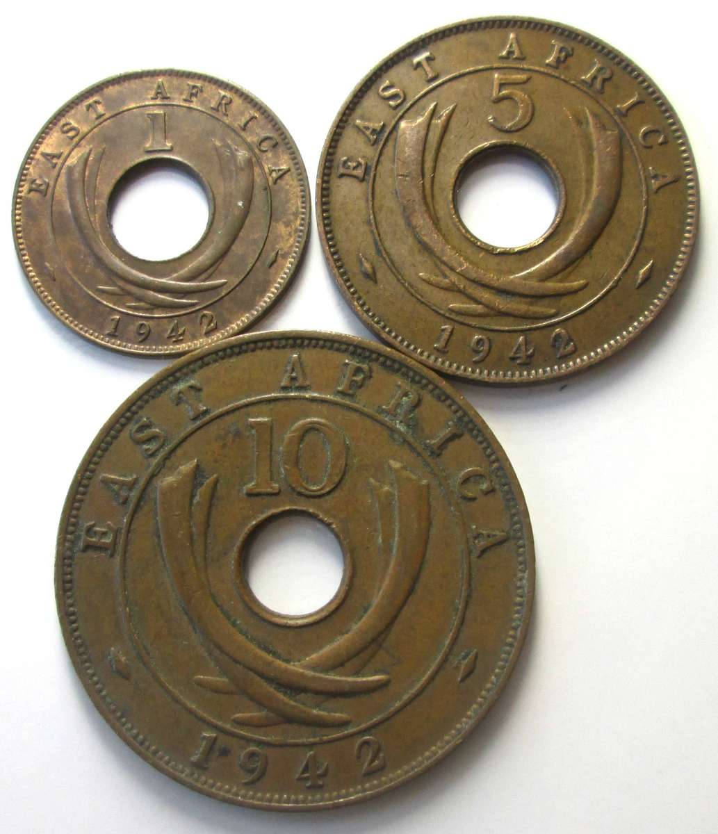 1942 East Africa 1 Cent 5 Cents 10 Cents
