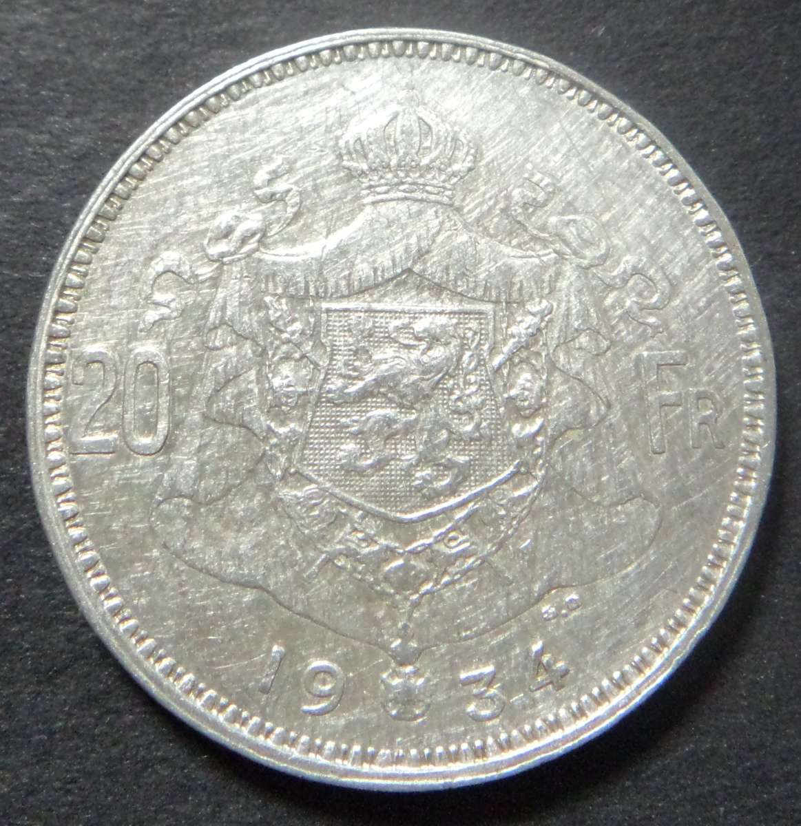 Belgium, Silver 20 Francs of 1934 (French Text)