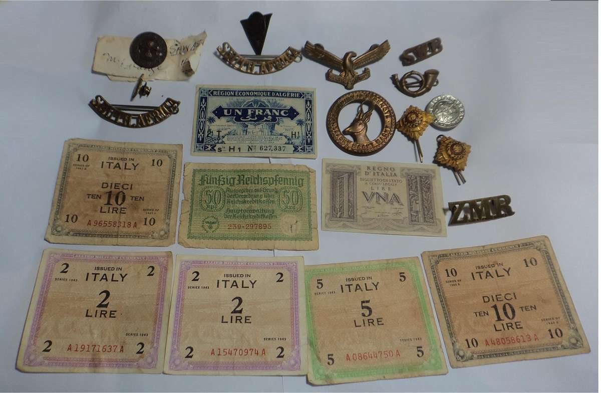 Collection of Military Badges & WW2-era Banknotes