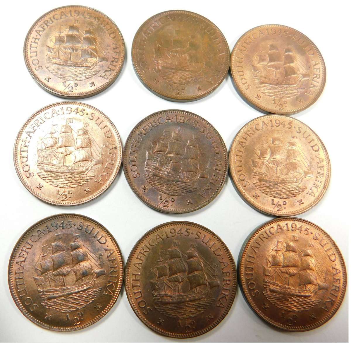 Union of S.A.: 9 x Half Pennies of 1945