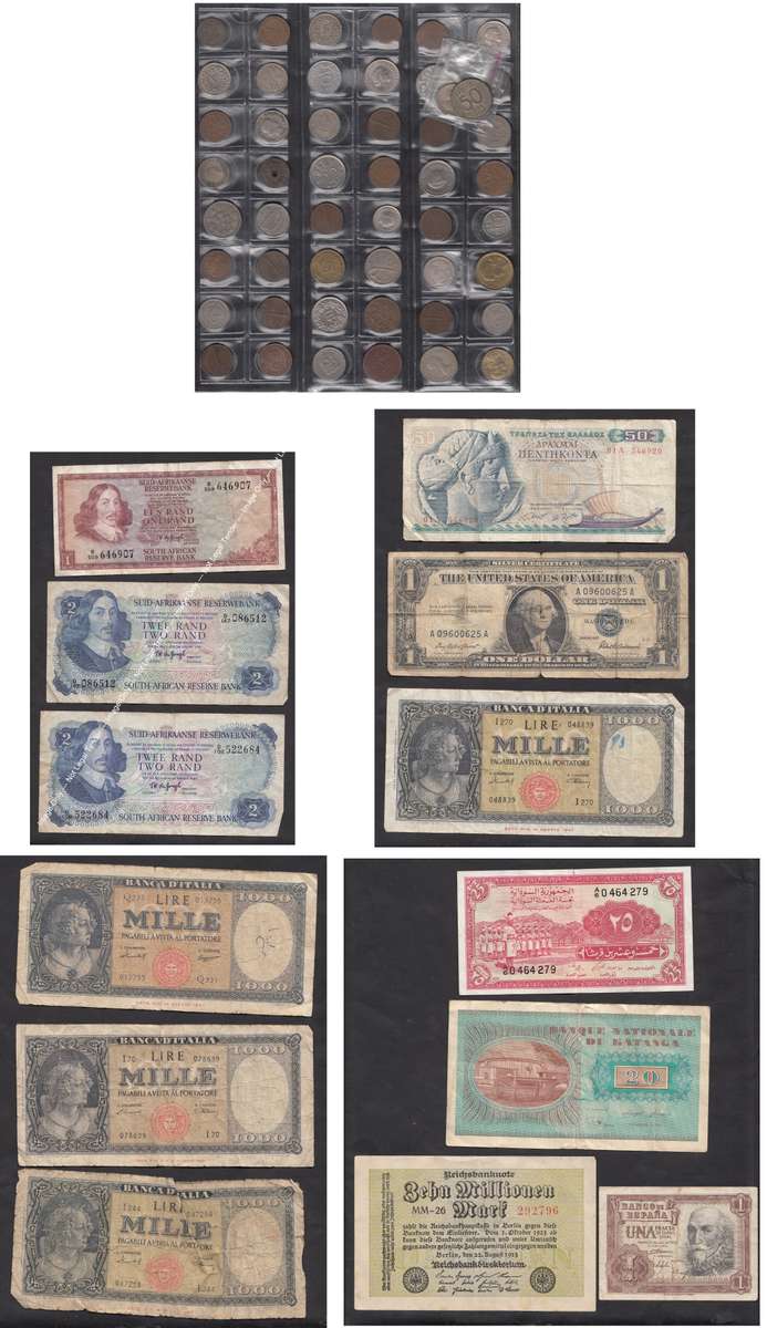 Collection of 50 World Coins plus some Banknotes