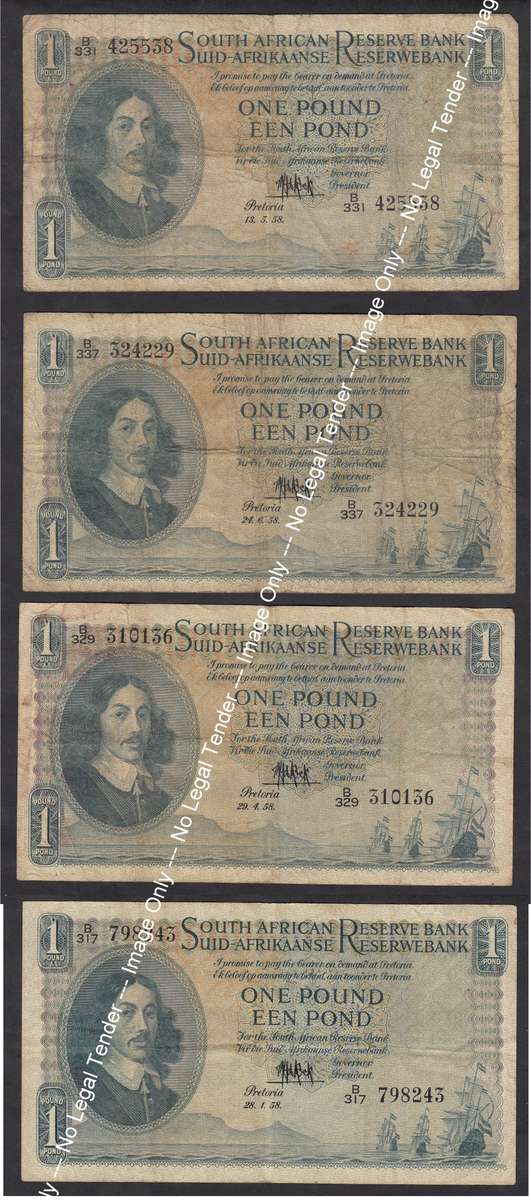 Four MH de Kock One  Pound Notes of the 1950s