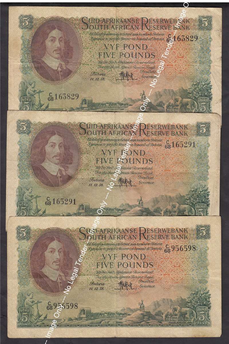 3 x Union of SA Five Pounds dated 11.12.1958