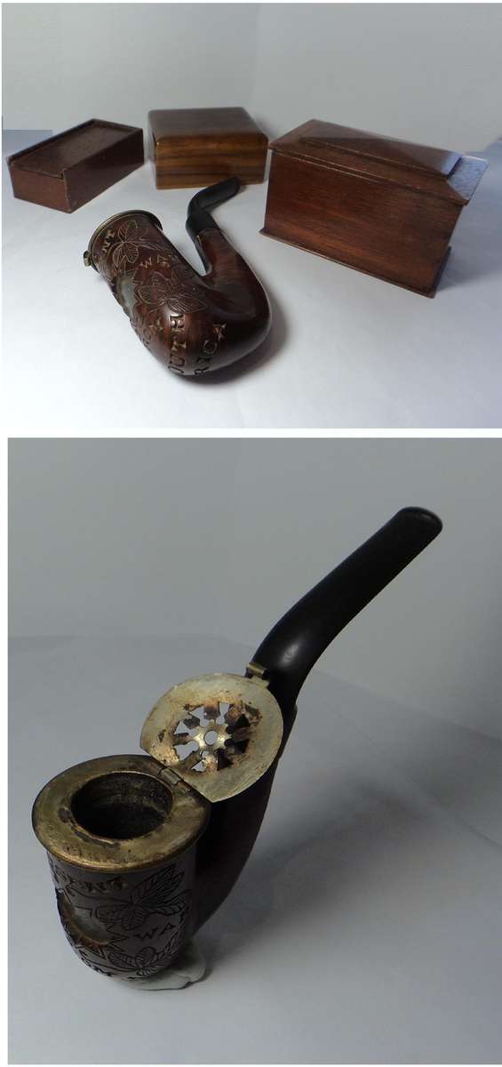 Boer War-era Smoking Pipe & 3 x wooden Bermuda POW Boxes