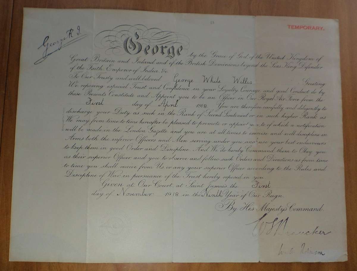 WW1 RAF Commission to G.W. Willis 1 April 1918