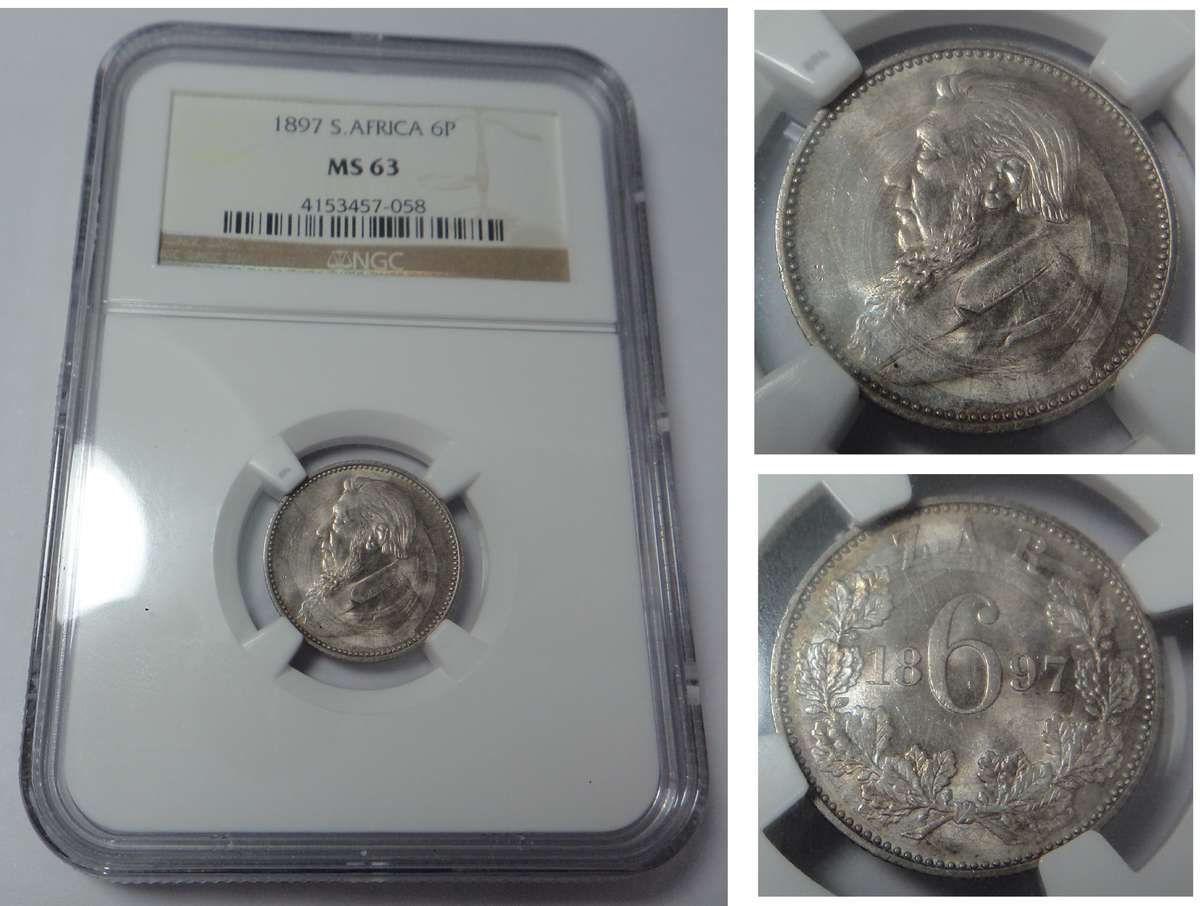 Paul Kruger ZAR Sixpence 1897: NGC MS63