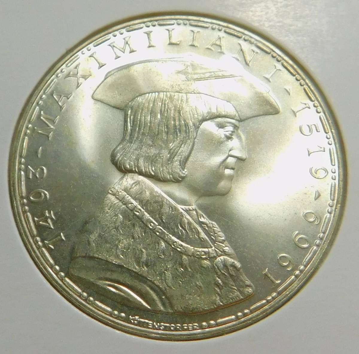 Austria: Silver 50-Schillings 1969 (Maximillian I)