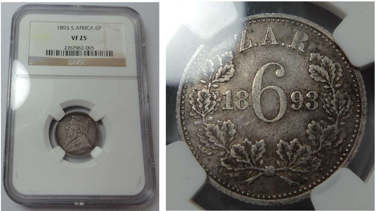 Paul Kruger ZAR 6 Pence 1893 NGC VF 25