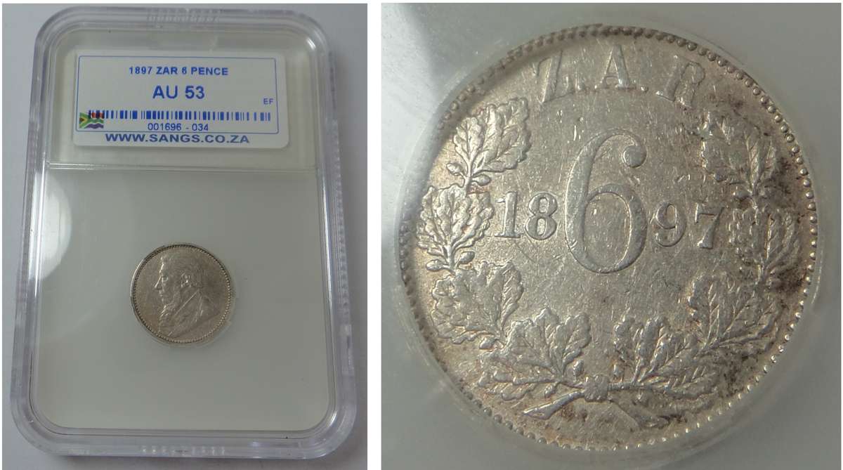 Paul Kruger ZAR 6 Pence 1897 Sangs AU 53